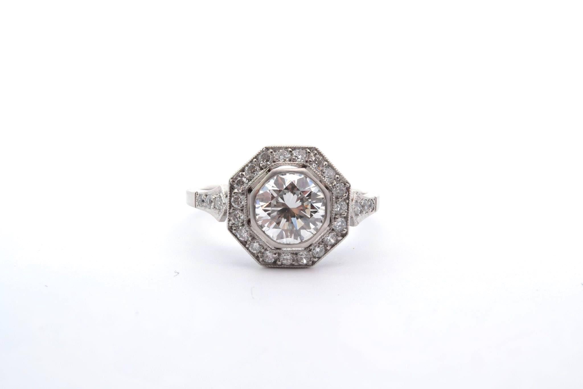 Stones: 1 diamond of 1.15cts I / SI1 and 25 diamonds: 0.35ct
Material: Platinum
Dimensions: 1.2cm
Weight: 4.3g
Period: Recent handmade Art Deco style
Size: 54 (free sizing)

Certificate
Ref. : 25137 25143