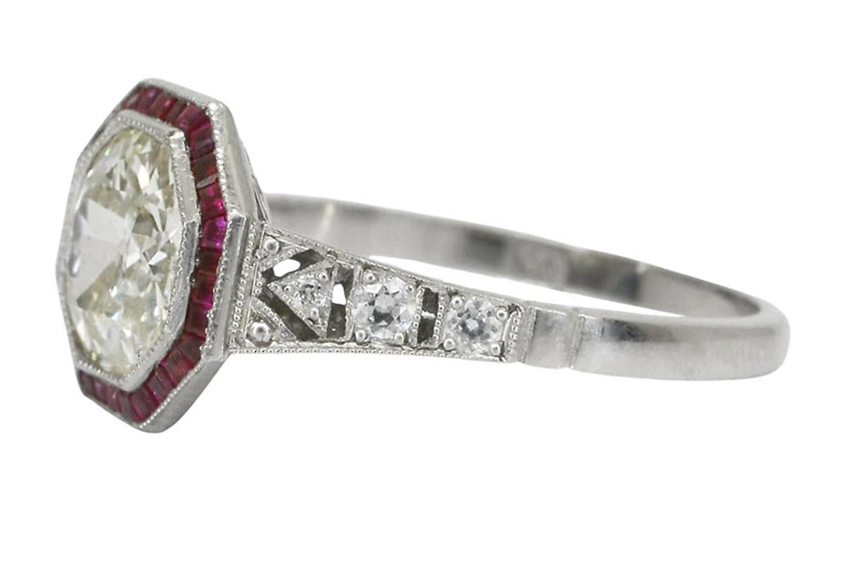 Art Deco Style Octagonal Old European Cut Diamond & Ruby Engagement Ring 1