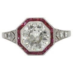 Art Deco Style Octagonal Old European Cut Diamond & Ruby Engagement Ring