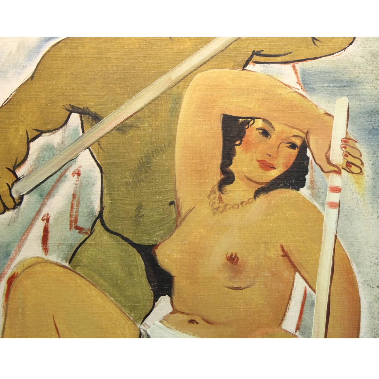 Huile sur toile Art Déco française représentant un couple dans un bateau par Lucien Joseph Fontanarosa, (Paris 1912-1989) . La toile est posée sur un mince panneau de contreplaqué. Peut-être un panneau mural, réalisé dans les années 1940. Légère