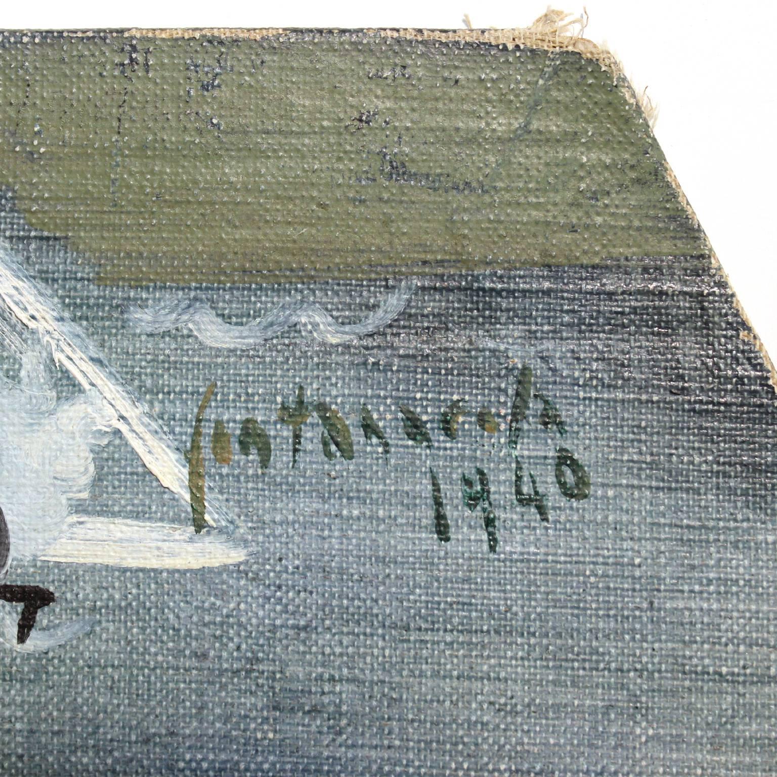 Milieu du XXe siècle Peinture à l'huile Art déco française de Fontanarosa représentant un couple dans un bateau en vente