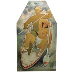 Fontanarosa French Art Deco Oil Painting of a Couple in a Boat