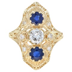 Art Deco Style Old Cut Diamond and Sapphire Three Stone Ring in 10K Yellow Gold