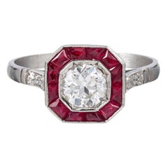 Art Deco Style Old European Cut Diamond and Ruby Ring
