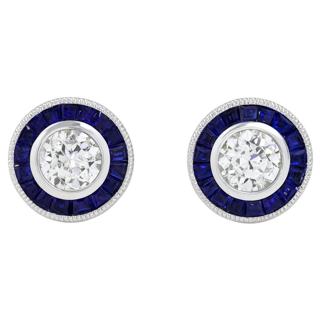 Borchie in oro bianco 14 carati con diamante e zaffiro aureolato, in stile Art Deco. in vendita