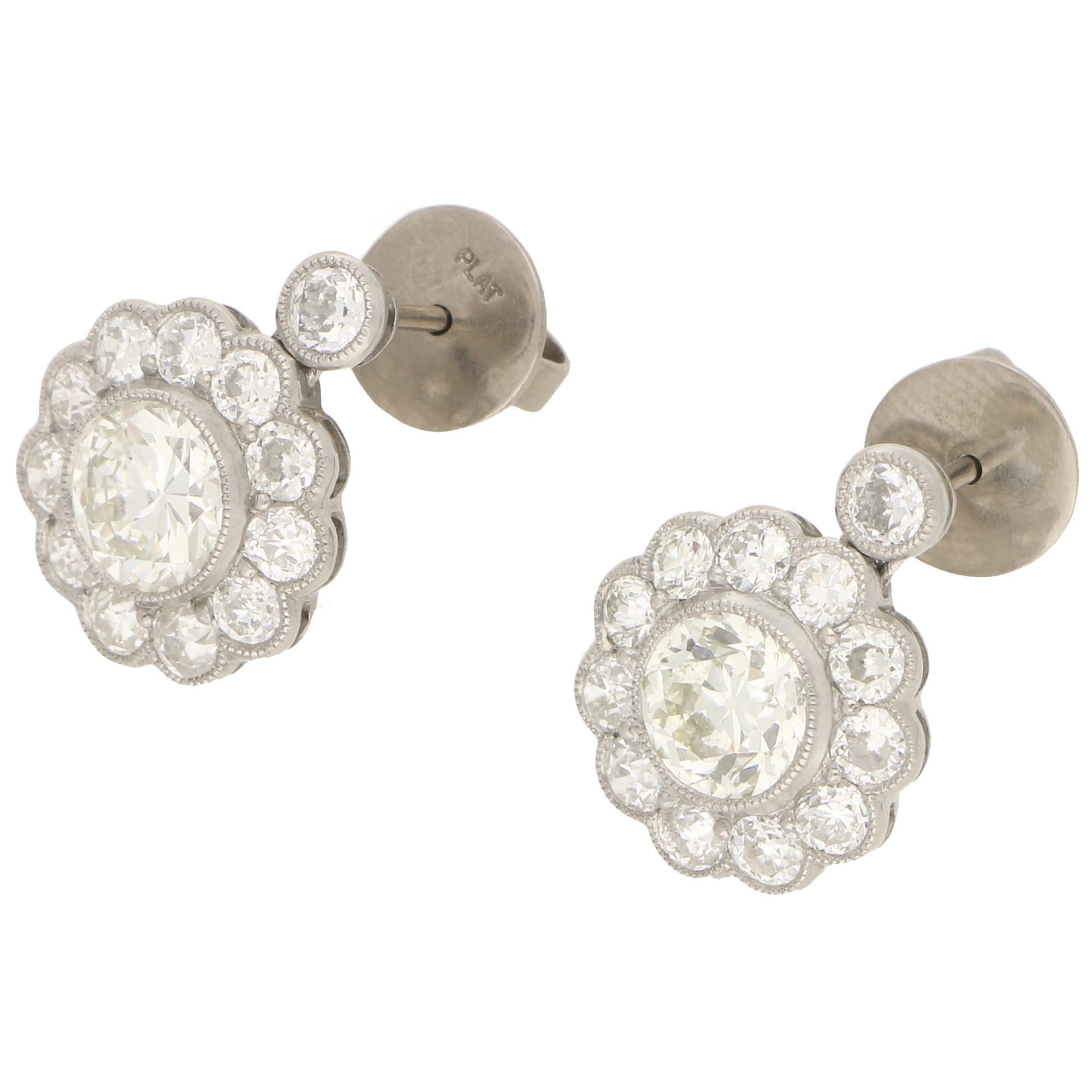 Women's or Men's Art Deco Style Old European Cut Diamond Cluster Earrings Set in Platinum
