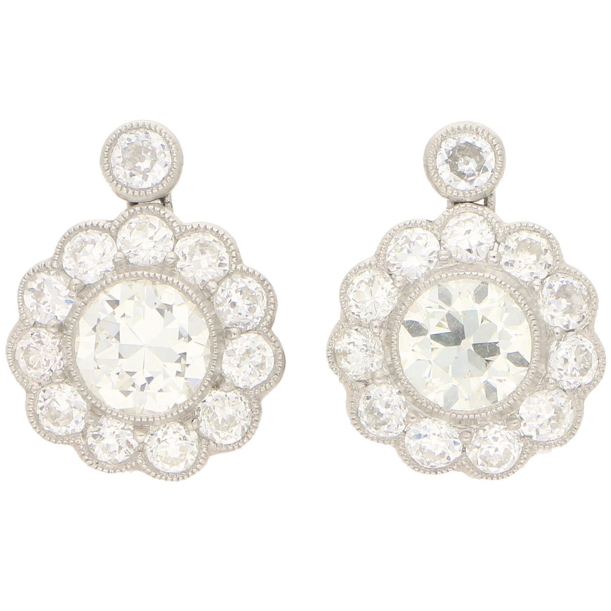 Art Deco Style Old European Cut Diamond Cluster Earrings Set in Platinum