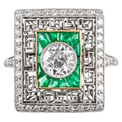 Art Deco Style Old European Cut Diamond Plaque Ring with Emeralds Art Deco Style Old European Cut Diamond Plaque Ring with Emeralds