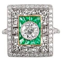 Art Deco Style Old European Cut Diamond Plaque Ring with Emeralds