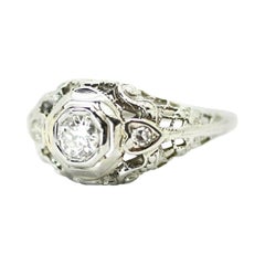 Art Deco Style Old European Cut Diamond Ring Set in 18k White Gold
