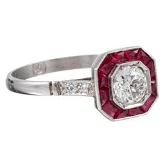 Art Deco Style Old European Cut Diamond and Ruby Ring