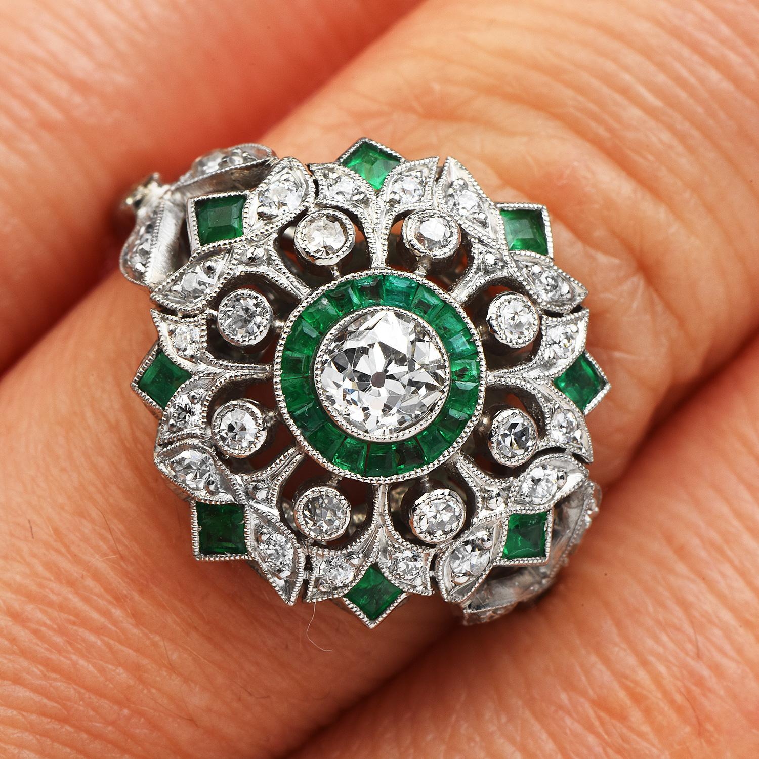 Old European Cut Art Deco Style Old European Diamond Emerald Cocktail Ring