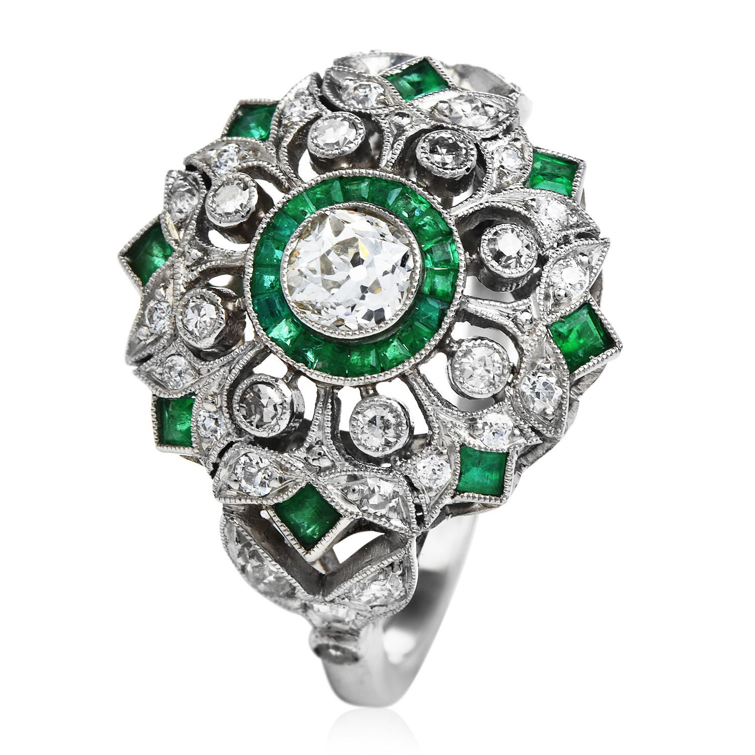 Women's Art Deco Style Old European Diamond Emerald Cocktail Ring
