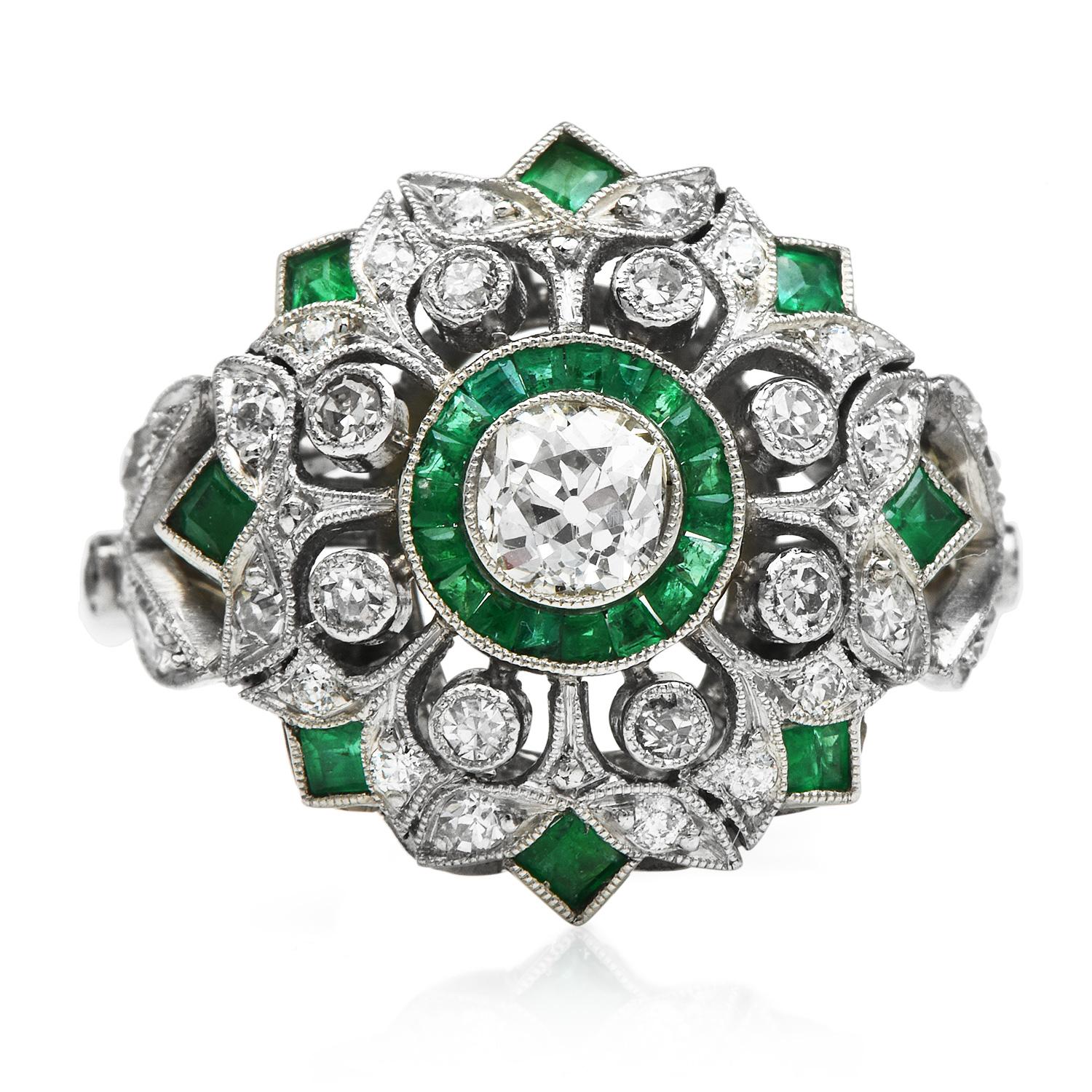 Art Deco Style Old European Diamond Emerald Cocktail Ring 1