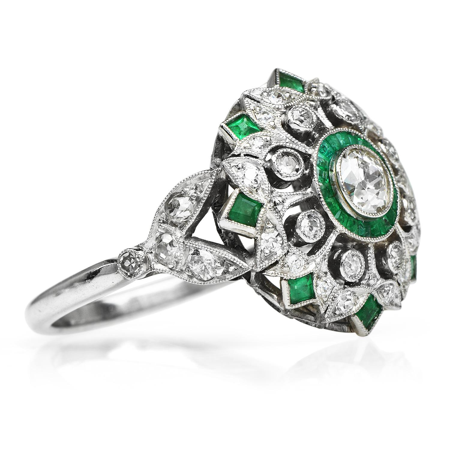 Art Deco Style Old European Diamond Emerald Cocktail Ring 2