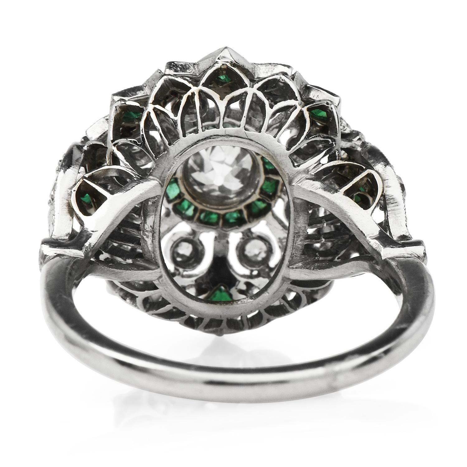 Art Deco Style Old European Diamond Emerald Cocktail Ring 3