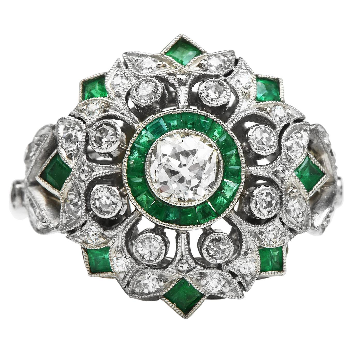 Art Deco Style Old European Diamond Emerald Cocktail Ring