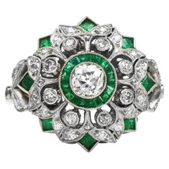 Art Deco Style Old European Diamond Emerald Cocktail Ring