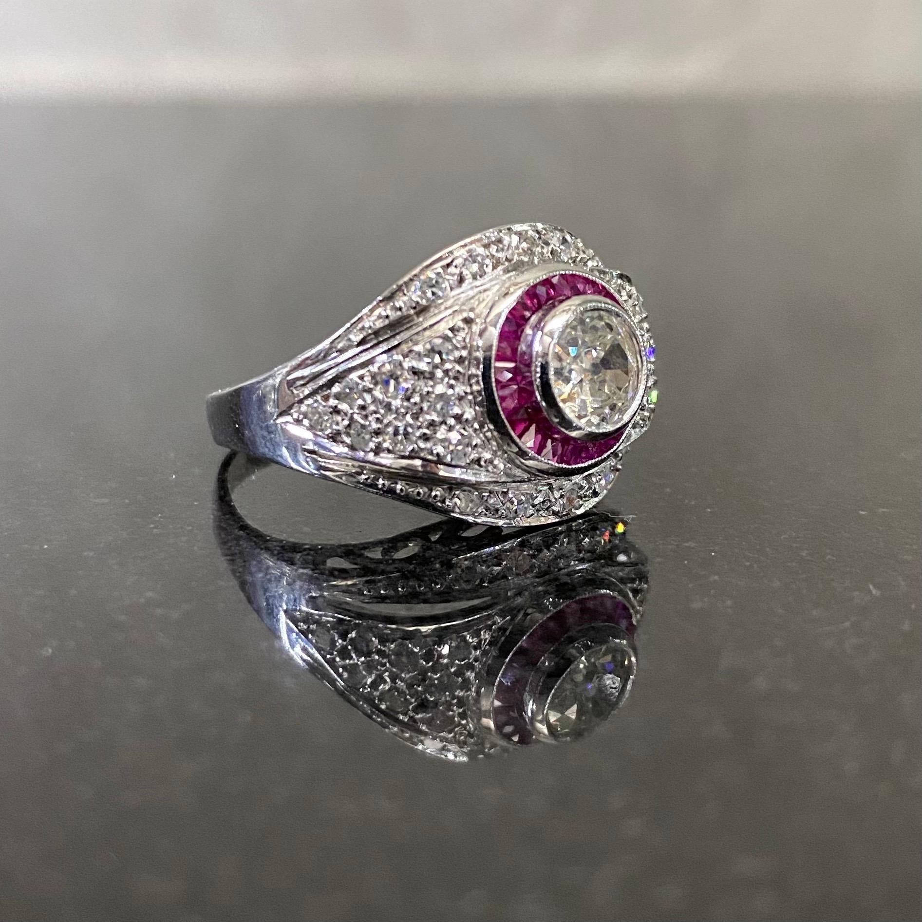 Art Deco Style Old European Diamond Ruby White Gold Bombe Target Engagement Ring For Sale 2