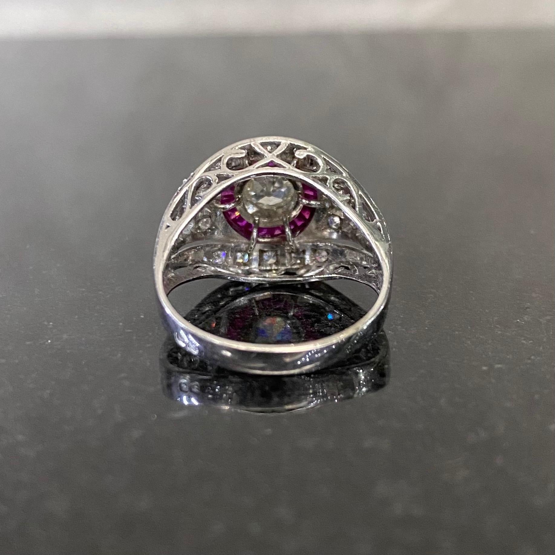 Art Deco Style Old European Diamond Ruby White Gold Bombe Target Engagement Ring For Sale 4