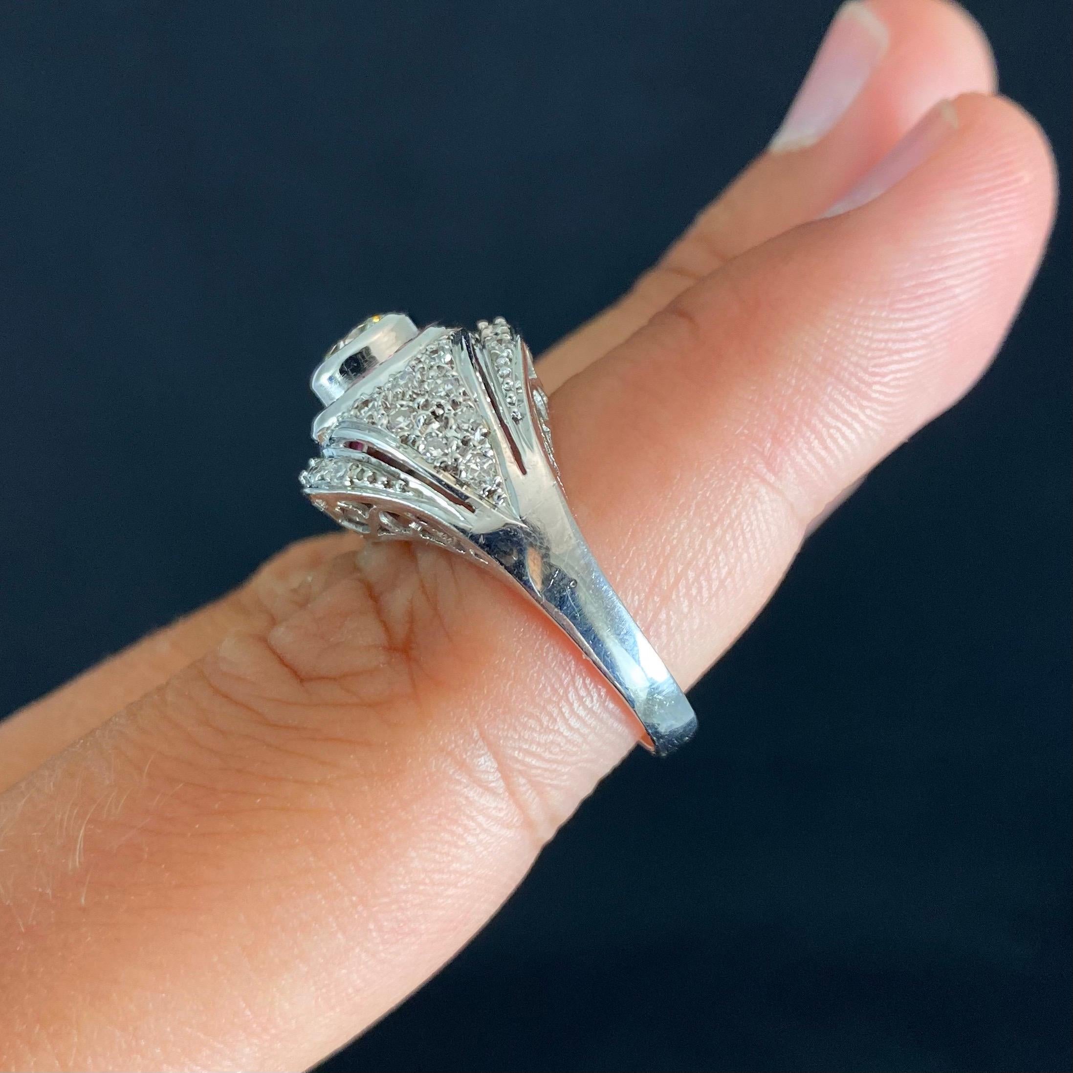 Women's Art Deco Style Old European Diamond Ruby White Gold Bombe Target Engagement Ring For Sale