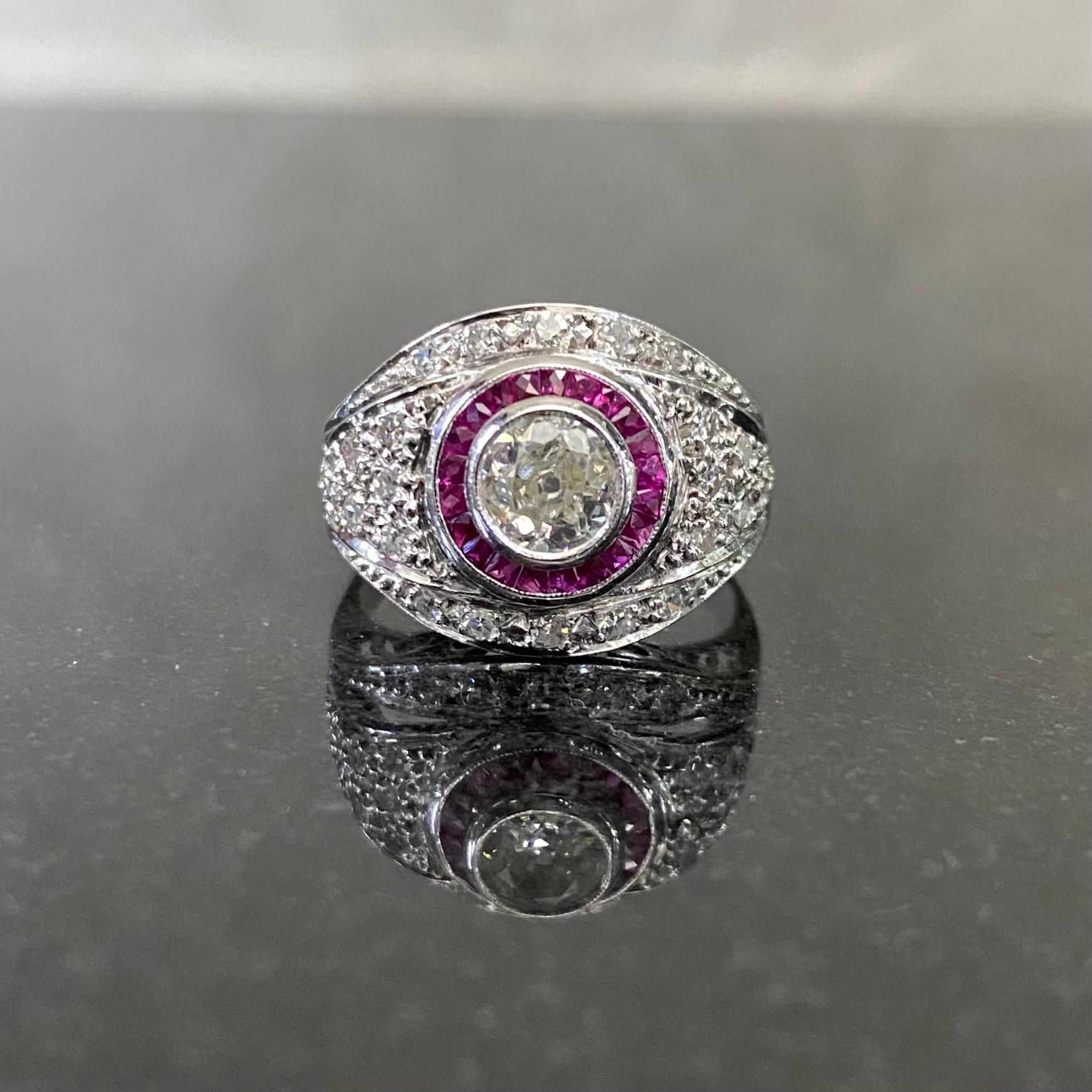 Art Deco Style Old European Diamond Ruby White Gold Bombe Target Engagement Ring For Sale 1