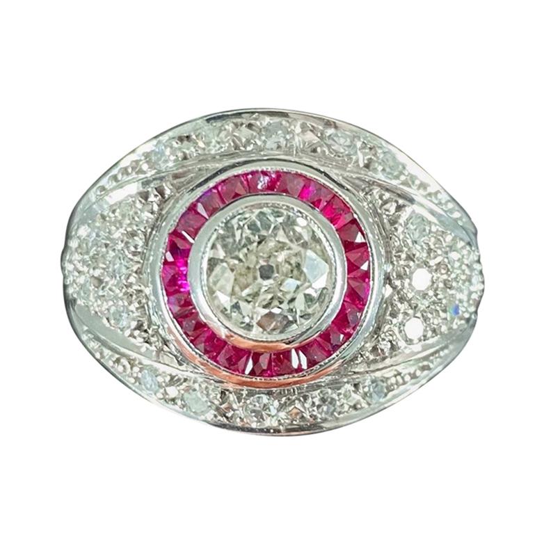 Art Deco Style Old European Diamond Ruby White Gold Bombe Target Engagement Ring For Sale