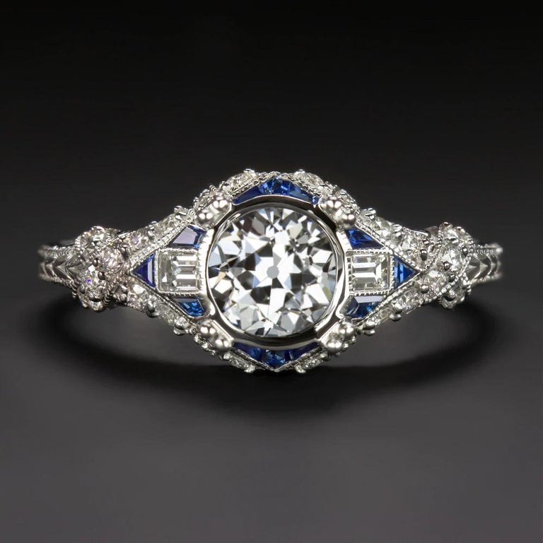 Women's or Men's Art Deco Style Old Mine Cut Blue Sapphire Diamond Ring For Sale