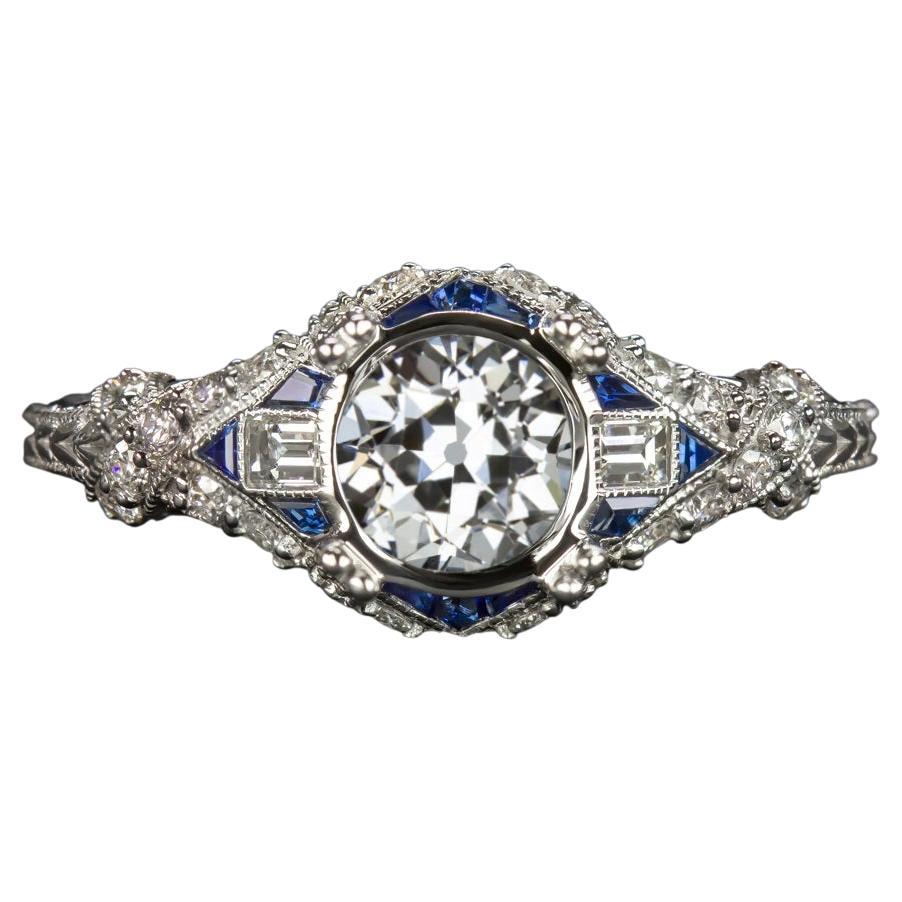 Art Deco Style Old Mine Cut Blue Sapphire Diamond Ring