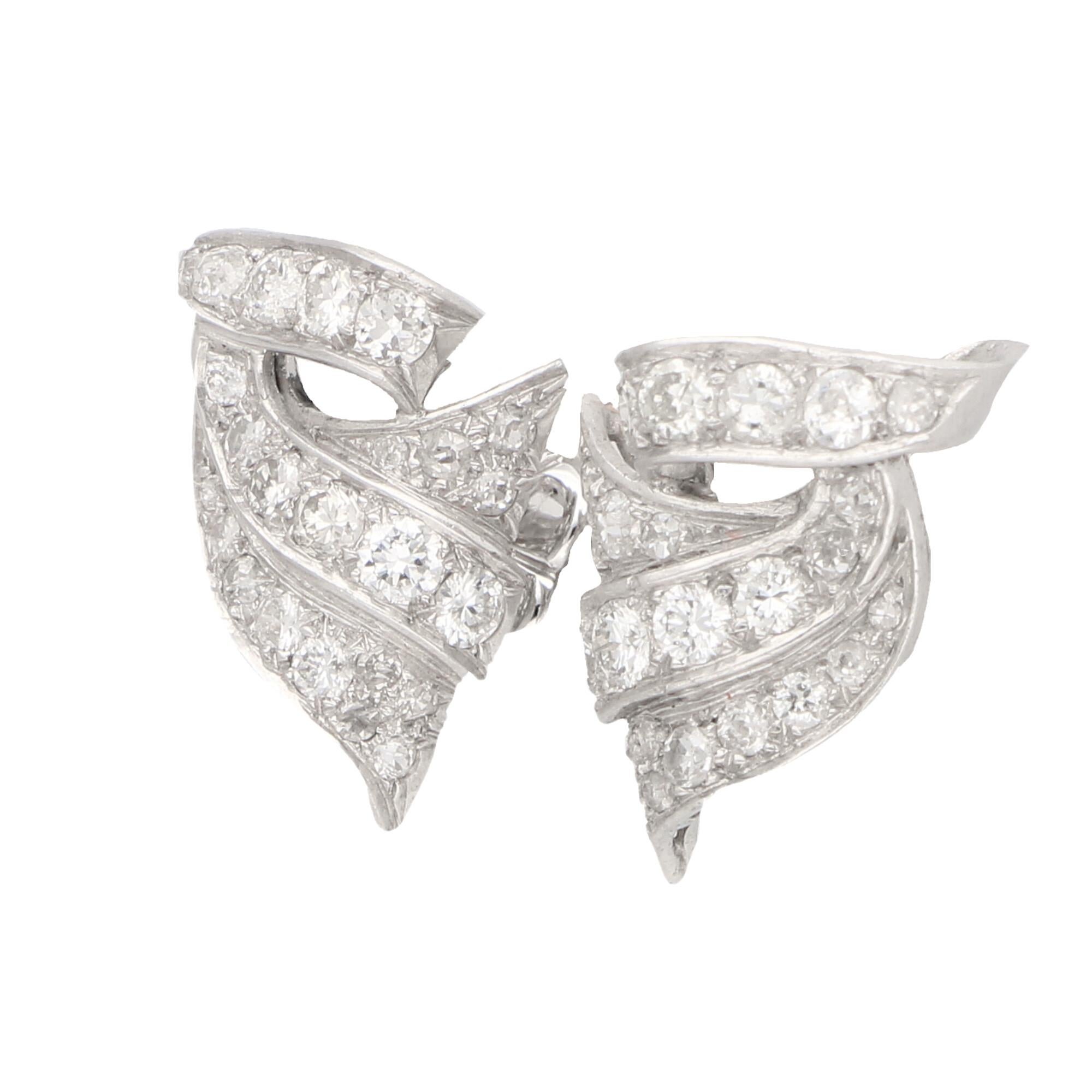 Art Deco Style Old Mine Cut Diamond Scroll Earrings Set in Platinum In Good Condition For Sale In London, GB