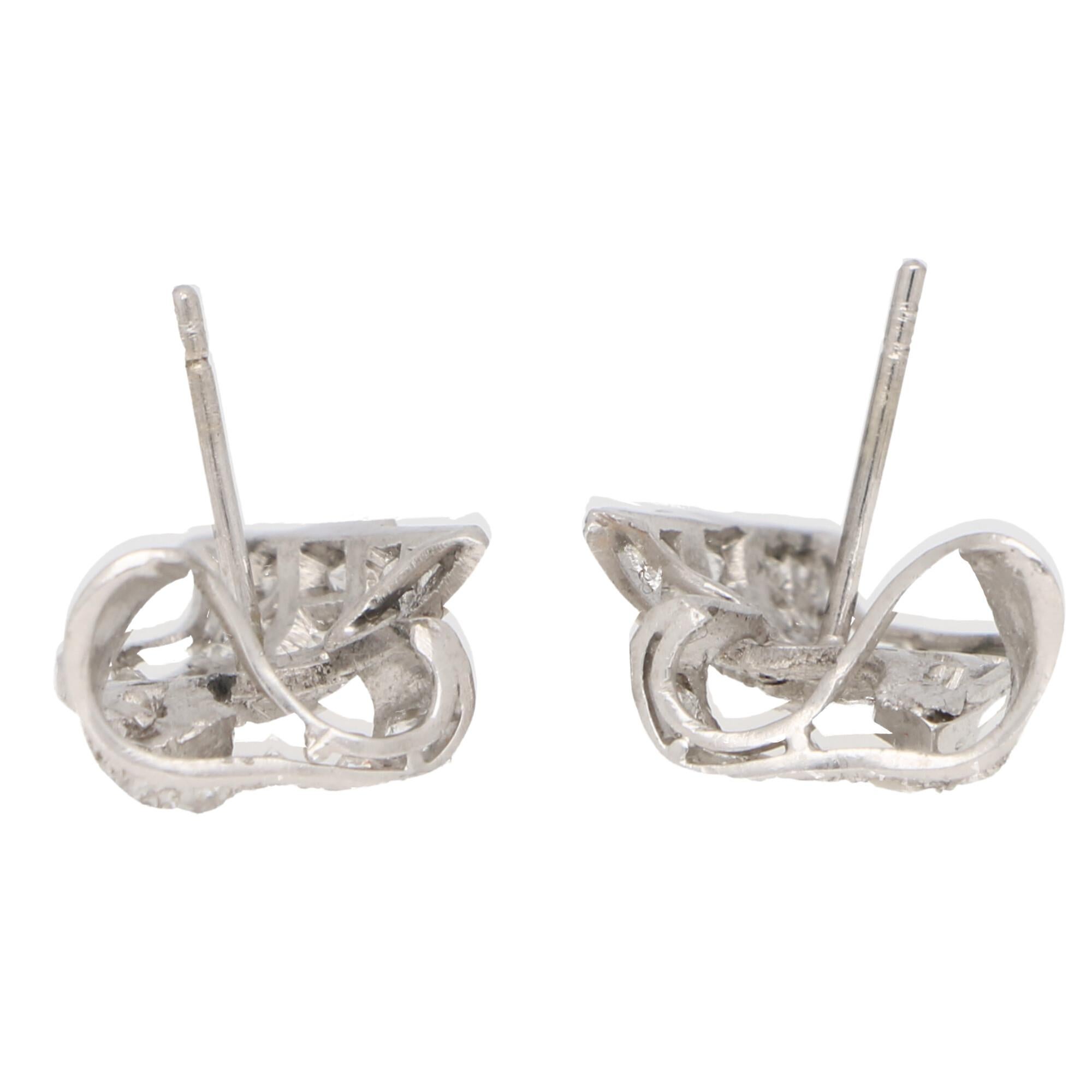 Women's or Men's Art Deco Style Old Mine Cut Diamond Scroll Earrings Set in Platinum For Sale