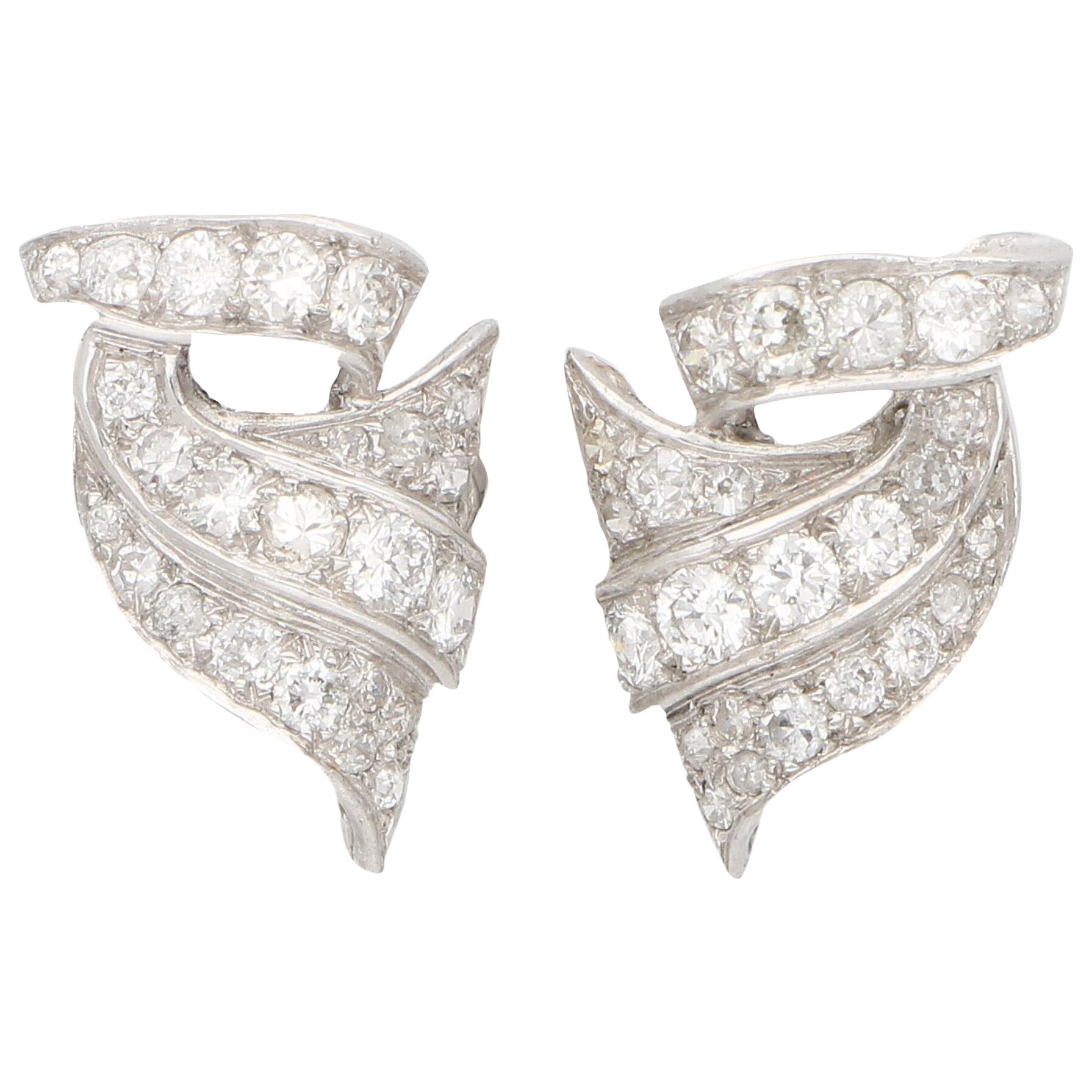 Art Deco Style Old Mine Cut Diamond Scroll Earrings Set in Platinum For Sale