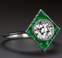 Art Deco Style Old Mine Cut Green Emeralds Cocktail Ring