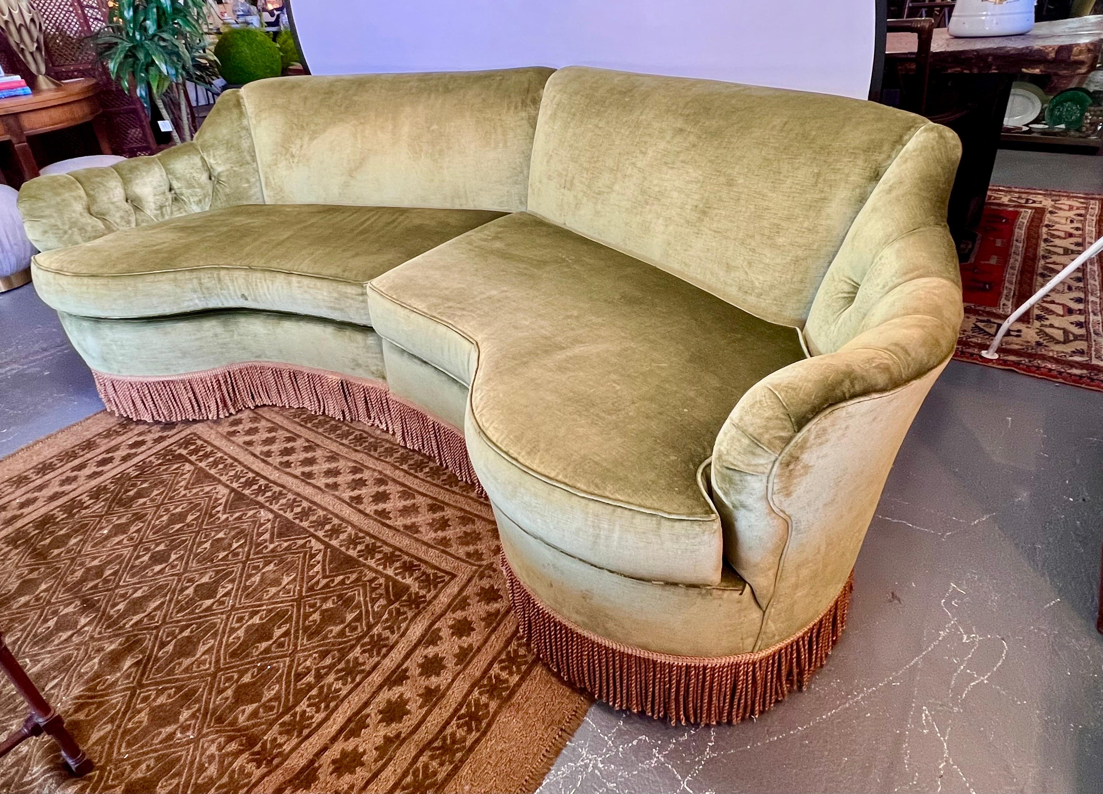 olive green curved sofa