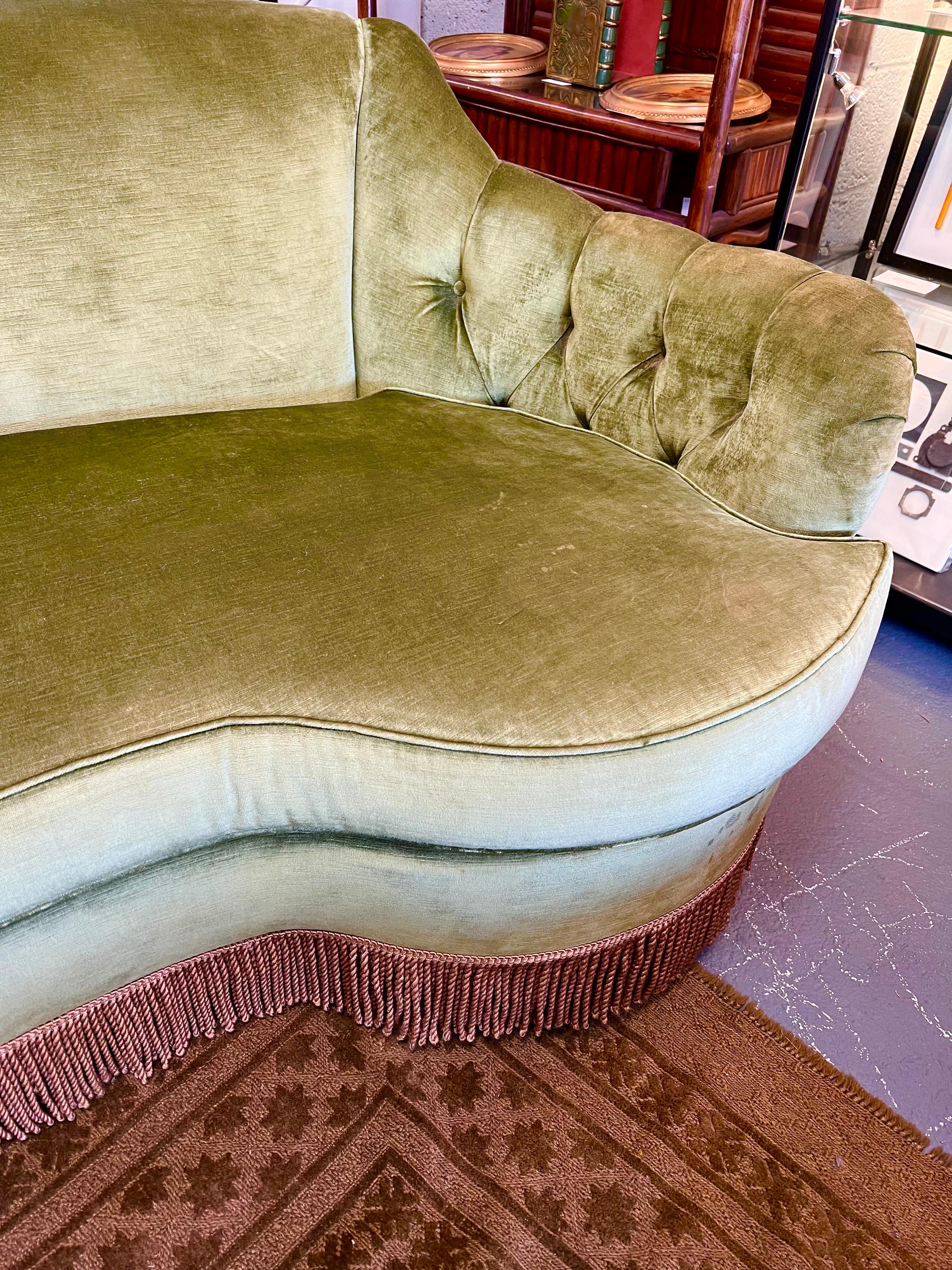 Art Deco Style Olive Green Velvet 2 Pc. Curved Banana Sofa In Good Condition In West Hartford, CT