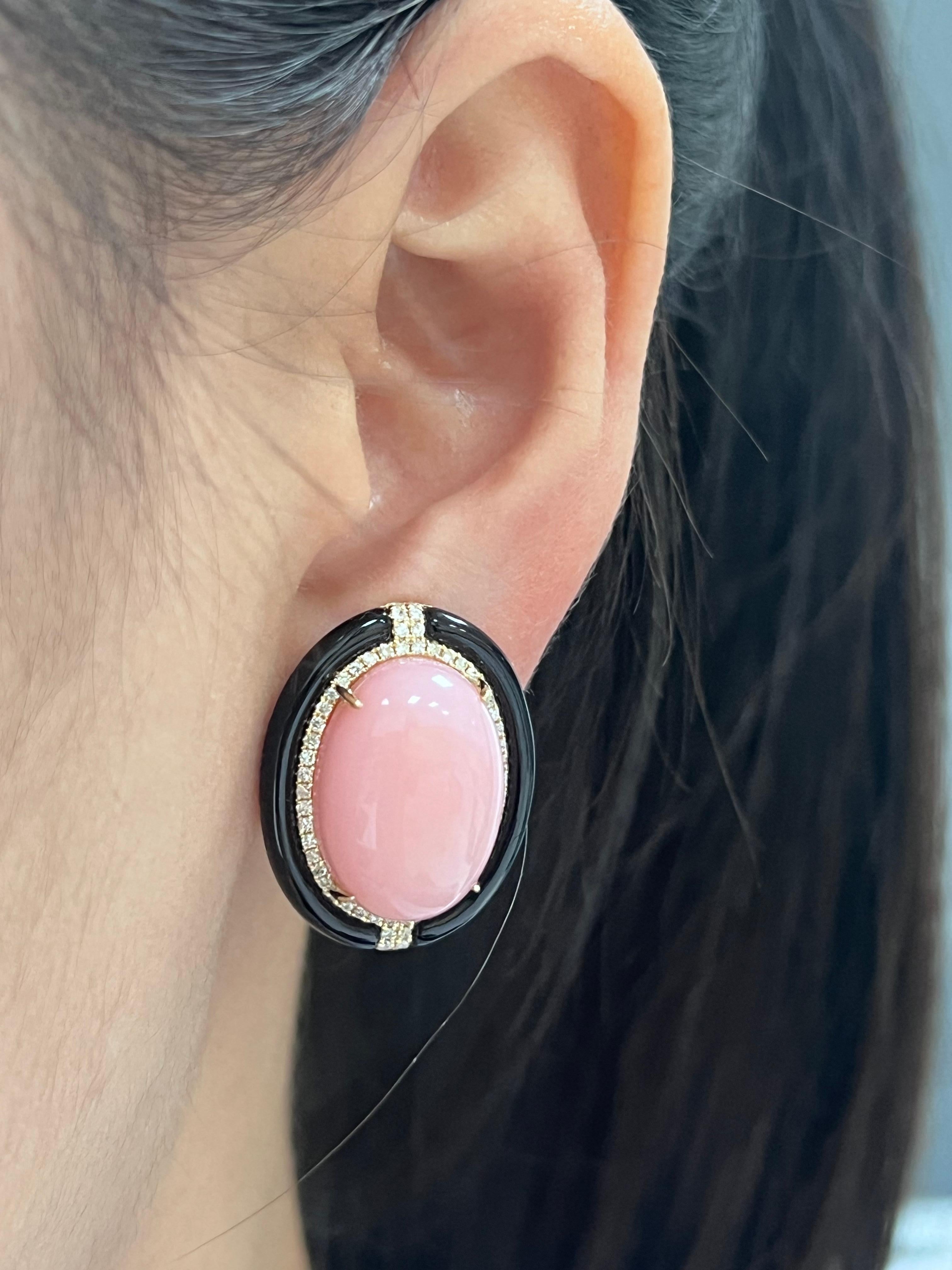Cabochon Art Deco Style Onyx 19.46Ct Pink Opal Earrings in 14 Karat Gold For Sale