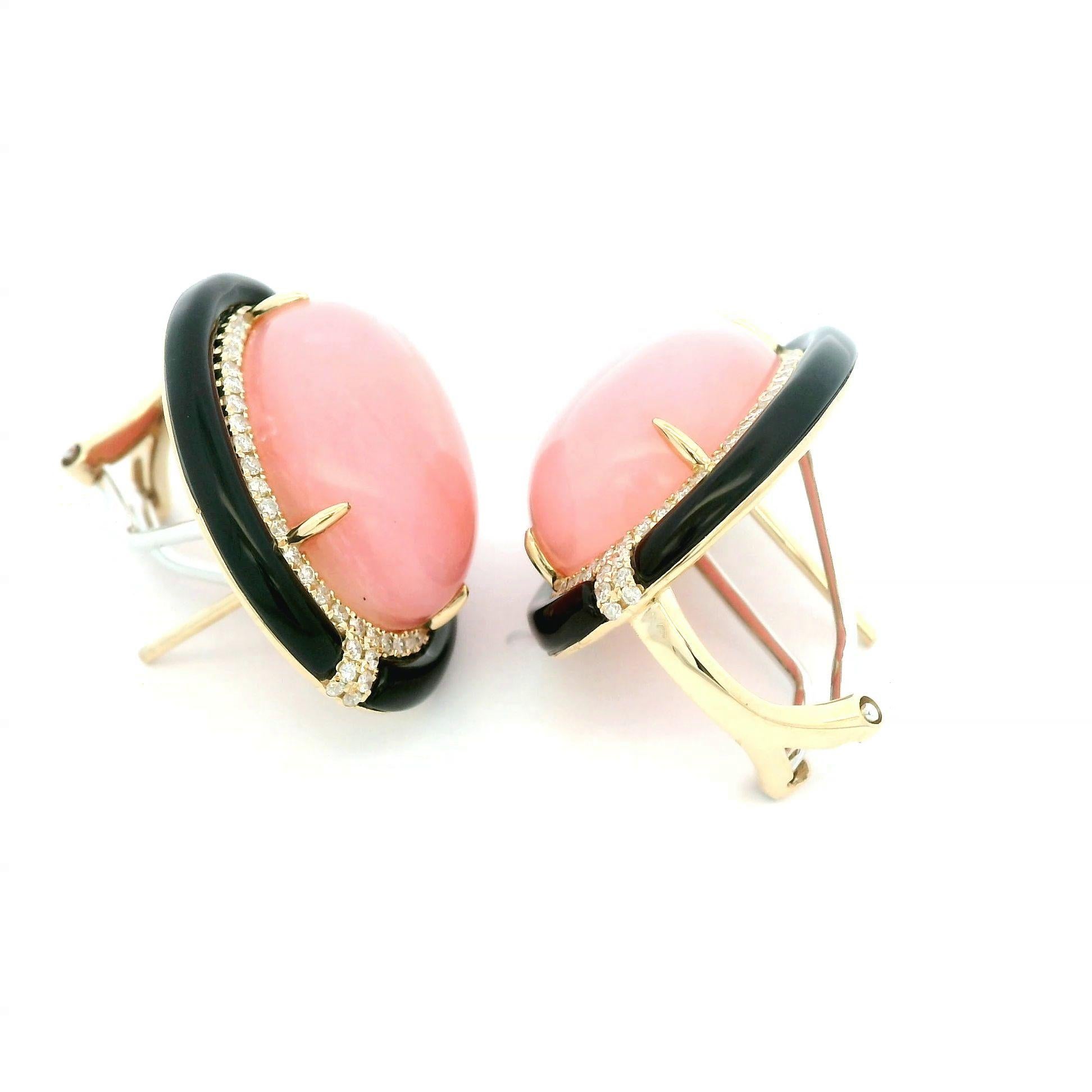 Art Deco Style Onyx 19.46Ct Pink Opal Earrings in 14 Karat Gold In New Condition For Sale In Hong Kong, HK