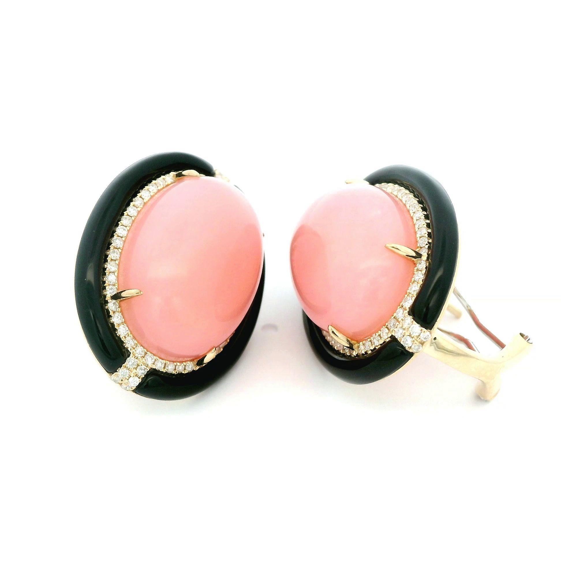 Women's Art Deco Style Onyx 19.46Ct Pink Opal Earrings in 14 Karat Gold For Sale