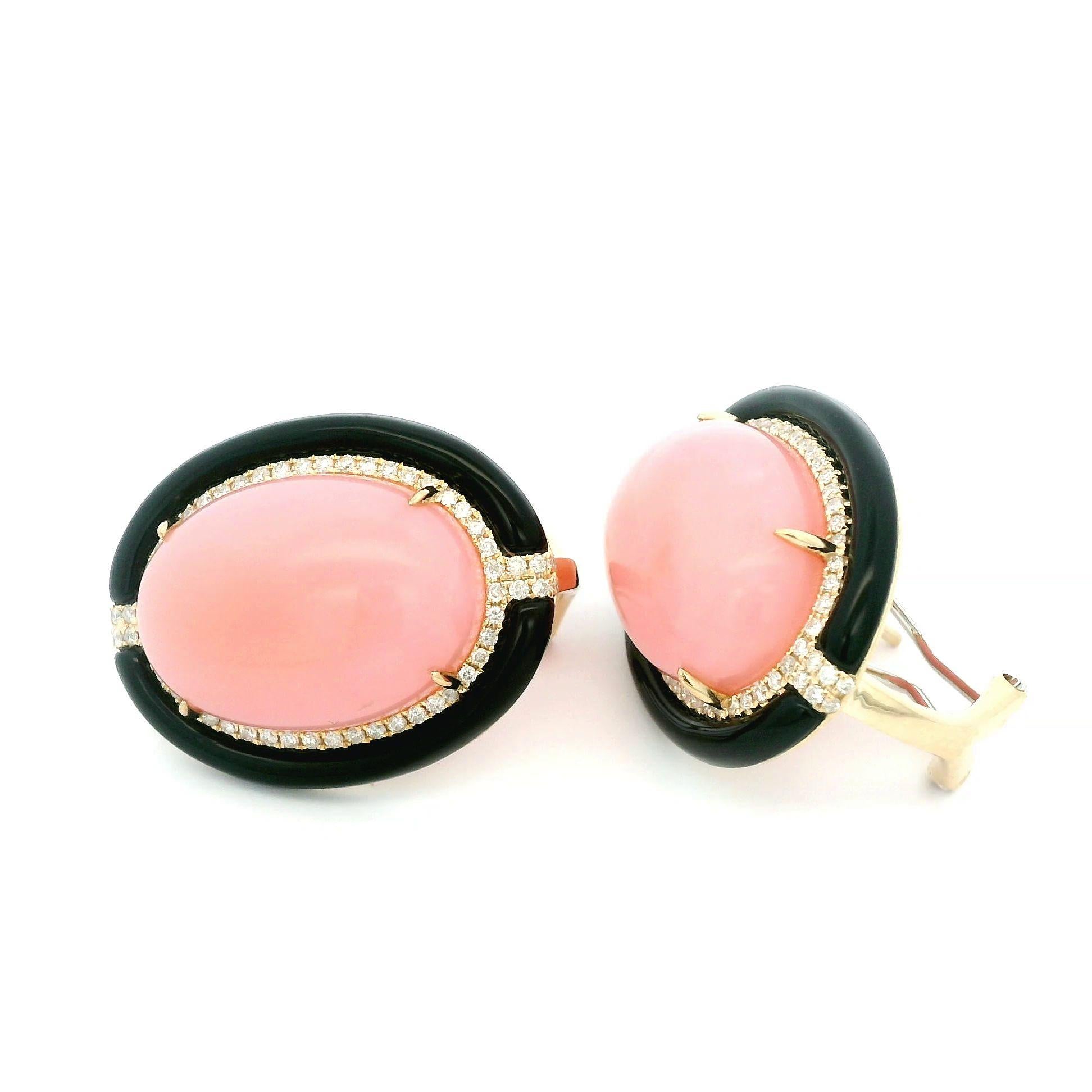 Art Deco Style Onyx 19.46Ct Pink Opal Earrings in 14 Karat Gold For Sale 1