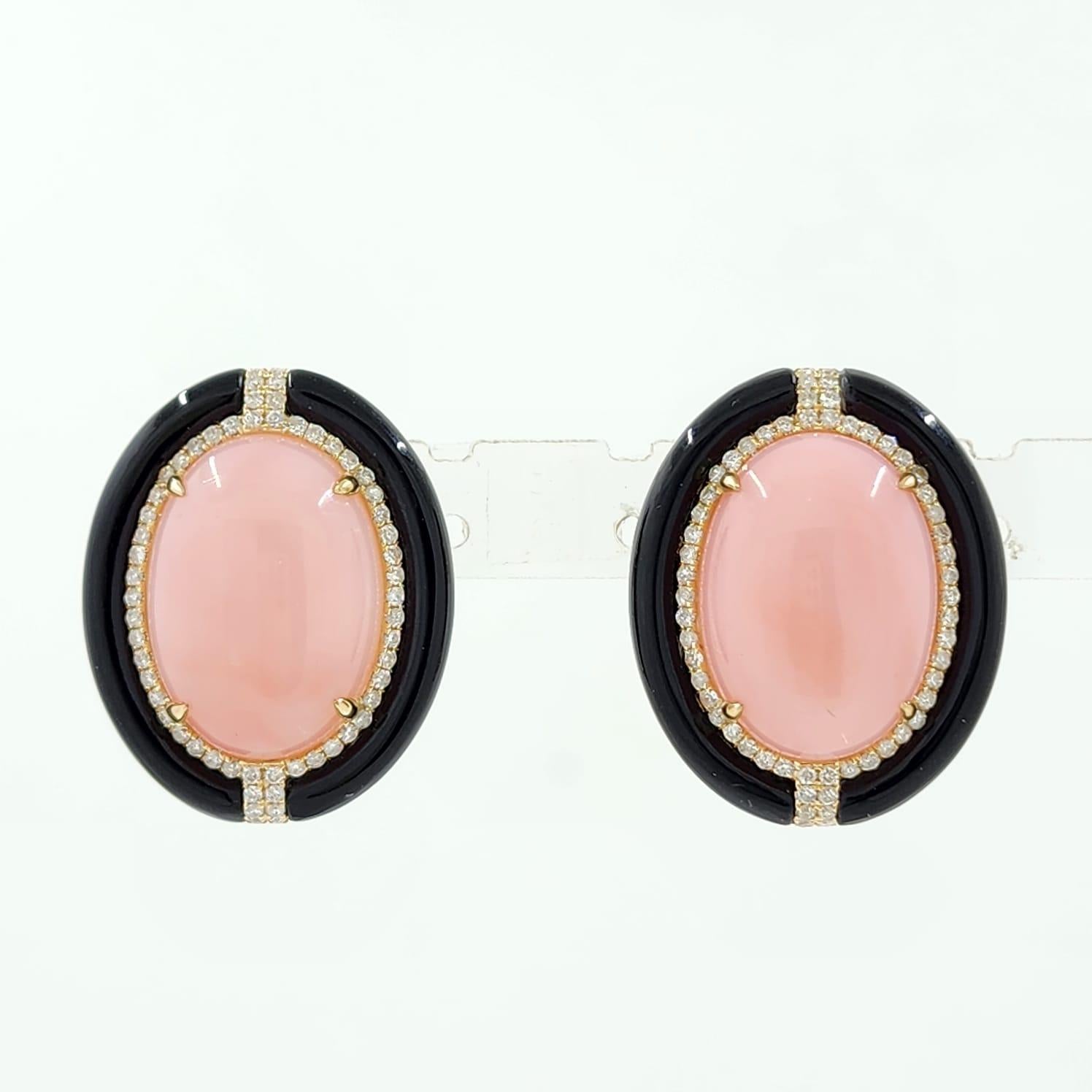 Art Deco Style Onyx 19.46Ct Pink Opal Earrings in 14 Karat Gold For Sale 2