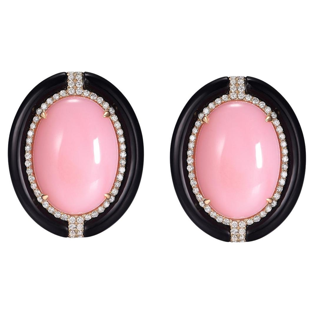Art Deco Style Onyx 19.46Ct Pink Opal Earrings in 14 Karat Gold For Sale