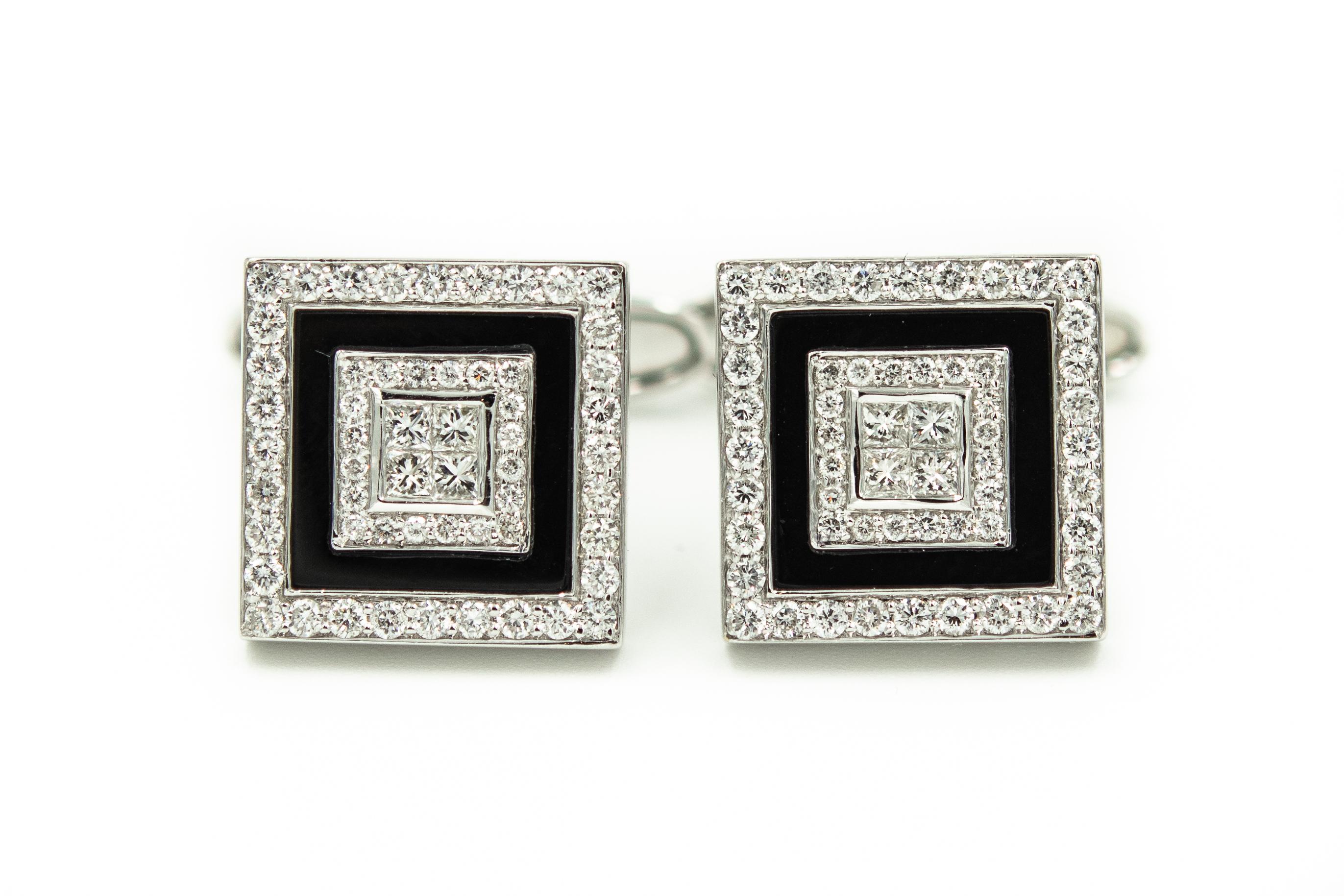 Round Cut Art Deco Style Onyx and Diamond White Gold Square Cufflinks and Tie Tac