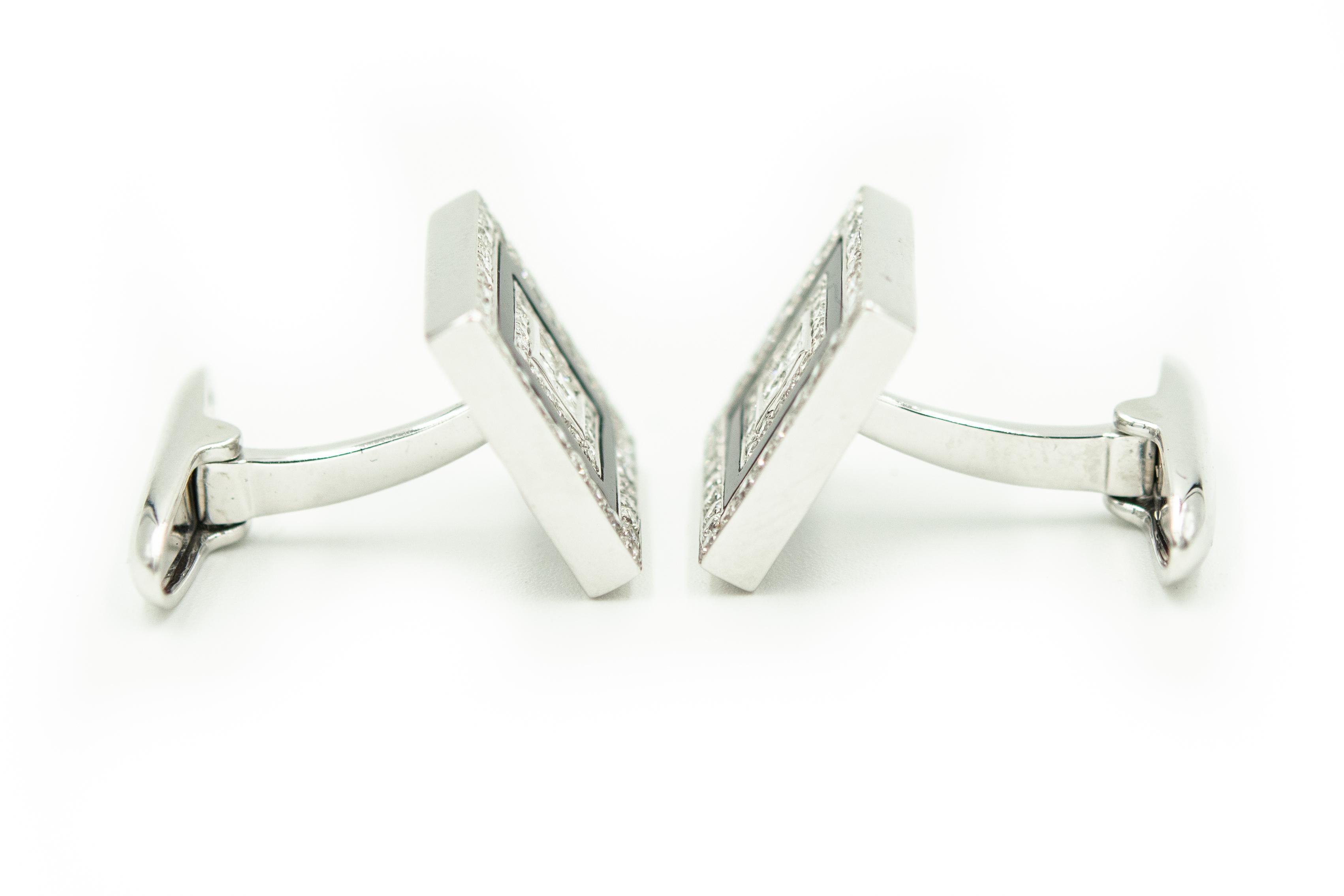 Women's or Men's Art Deco Style Onyx and Diamond White Gold Square Cufflinks and Tie Tac