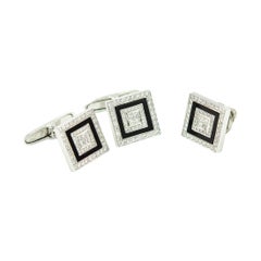 Vintage Art Deco Style Onyx and Diamond White Gold Square Cufflinks and Tie Tac