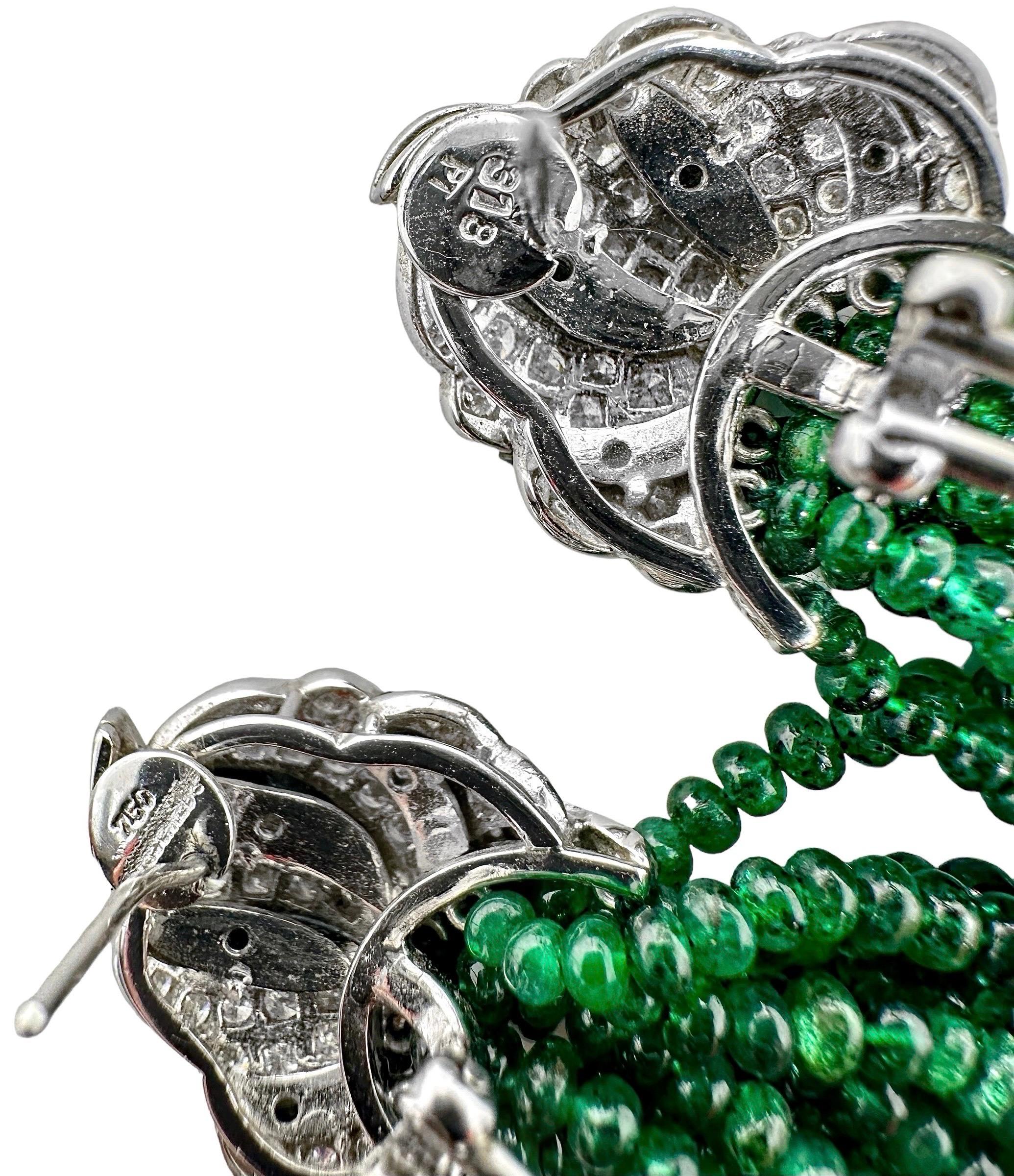 Brilliant Cut Art Deco Style, Onyx, Diamond and Emerald Bead Dangle Earrings in Platinum & 18K For Sale
