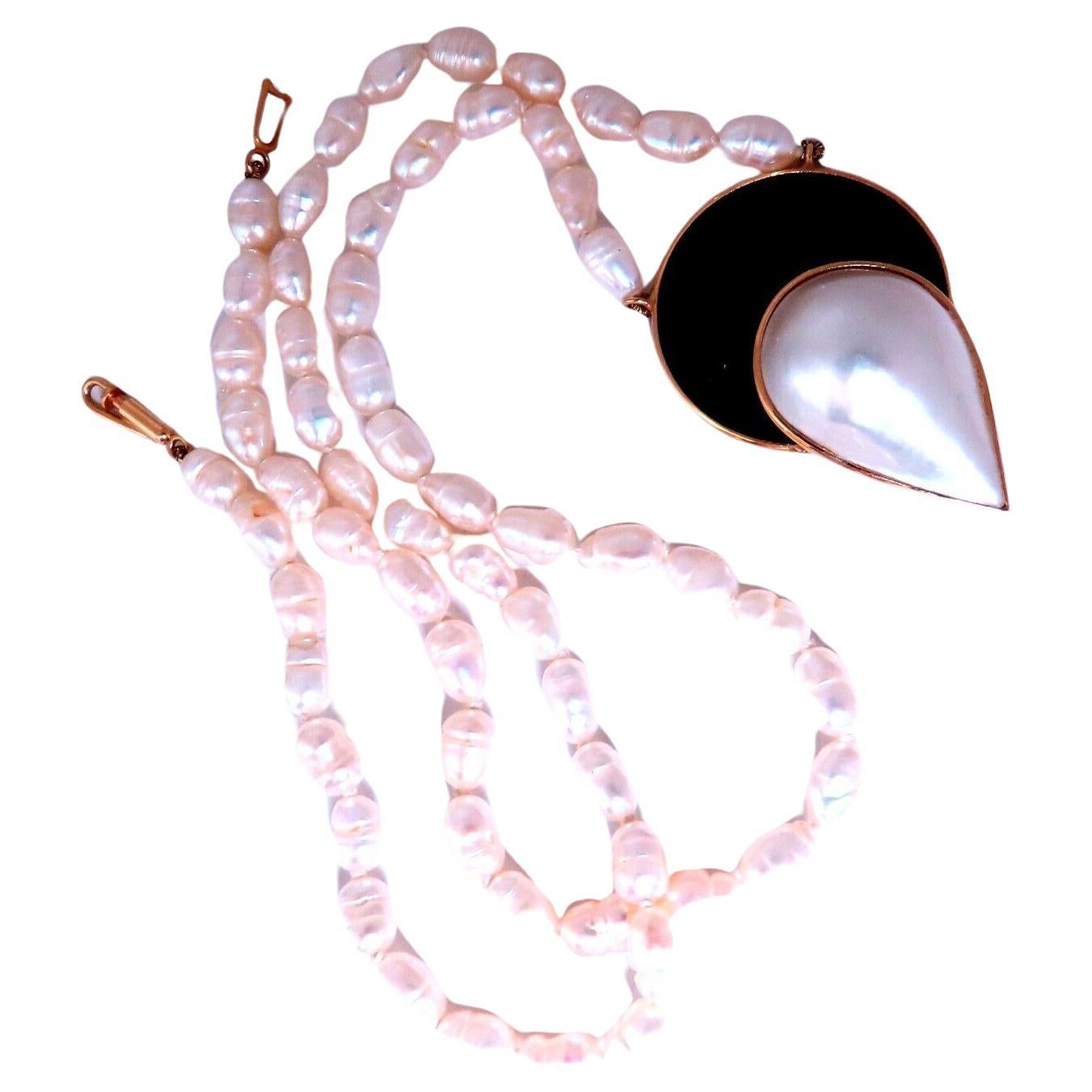 Art Deco Style Onyx Mabe Pearl Necklace 14kt Gold For Sale