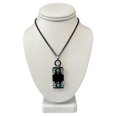 Art Deco Style Onyx, Turquoise and Diamond Pendant in White Gold w/ Steel Chain