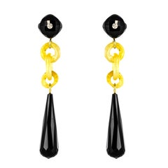 Art Deco Style Onyx Yellow Jade Diamonds 18 Karat Yellow Gold Dangle Earrings