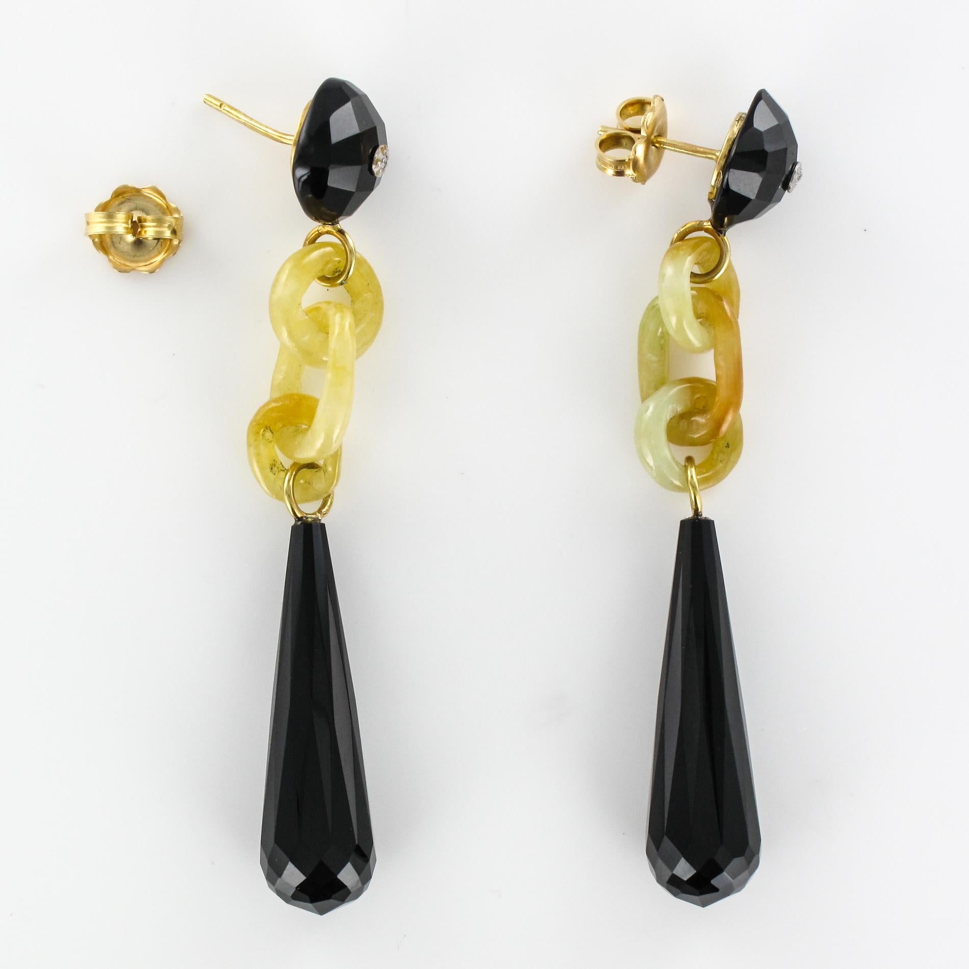 Art Deco Style Onyx Yellow Jade Diamonds 18 Karat Yellow Gold Dangle Earrings 6