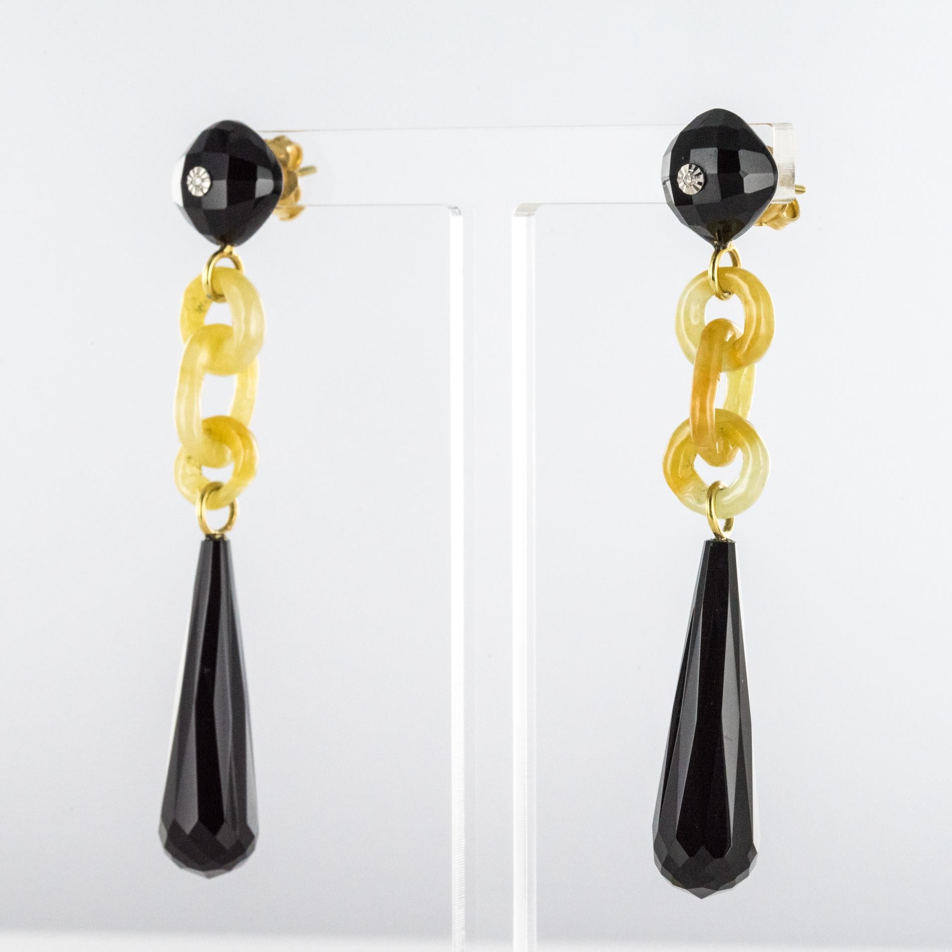 Art Deco Style Onyx Yellow Jade Diamonds 18 Karat Yellow Gold Dangle Earrings In New Condition In Poitiers, FR